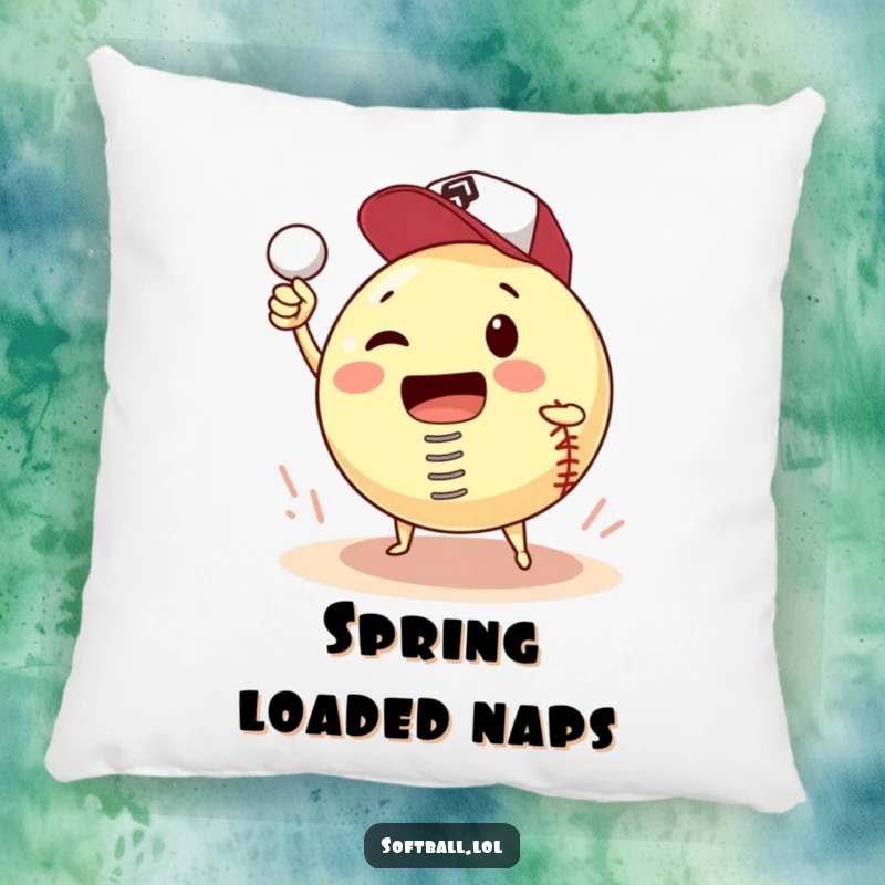 Funny pillow showcasing a softball with a spring, hilariously attempting to pitch itself, a soft and humorous home accent.