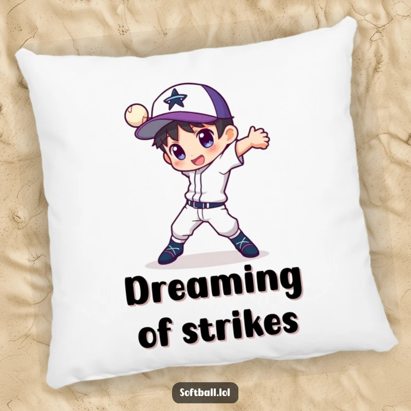 Funny pillow featuring a character in a dynamic pose with a fancy pitching motion, offering comfort and sporty humor.