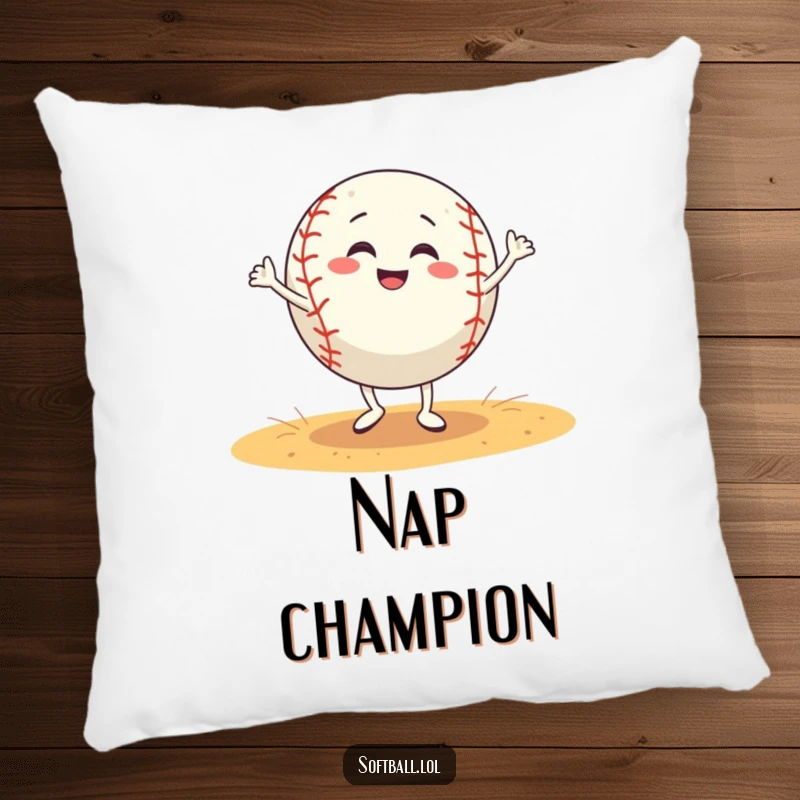 Funny softball pillow showcases a grinning softball character doing a silly dance on a field, offering cozy, humorous decor.