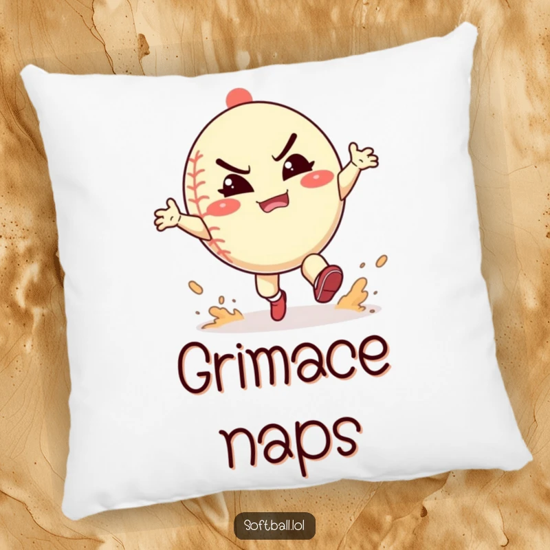 Funny softball pillow featuring a character playfully kicking up dust with a happy grimace, perfect for adding comfort and spirited fun.