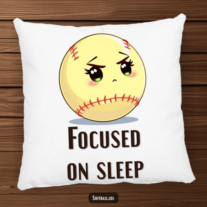 Funny softball pillow featuring a softball character peering intently at the batter, perfect for adding focused comfort.