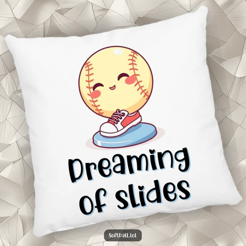 Funny softball wearing tiny sneakers sliding into a base with a flourish, soft and humorous cushion