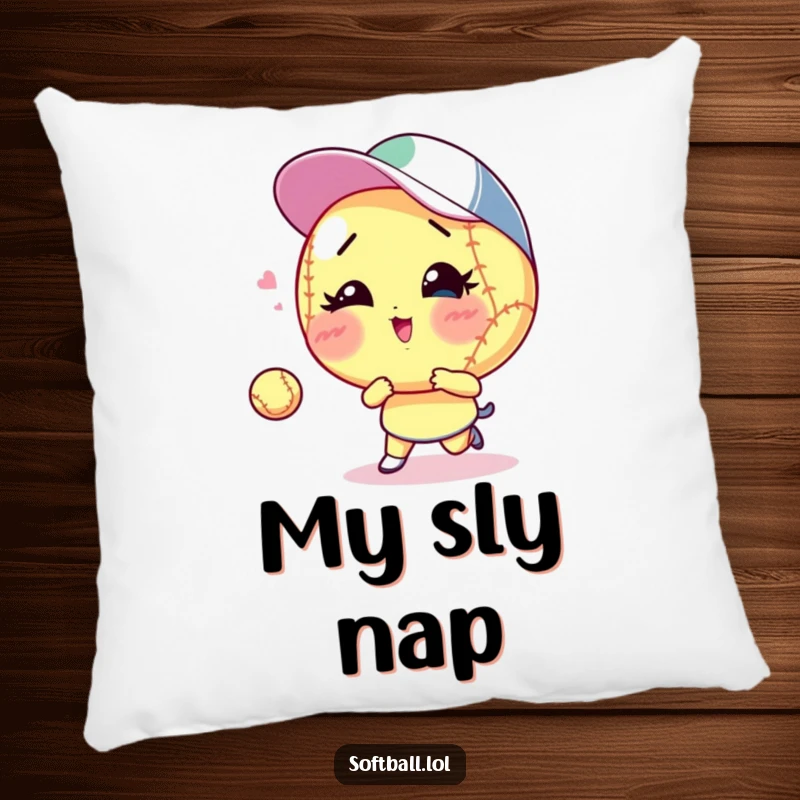Funny winking softball pillow, playing catch with a wink, ideal for a funny gift and cozy decor.