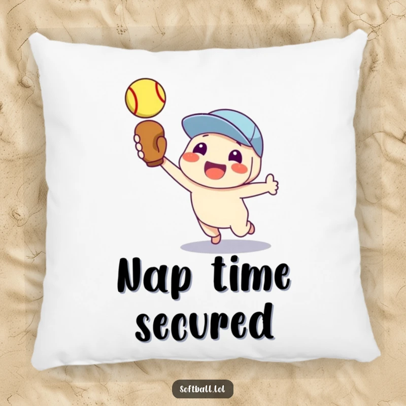 Funny pillow with a proud character catching a softball, perfect for adding comfort and humor.
