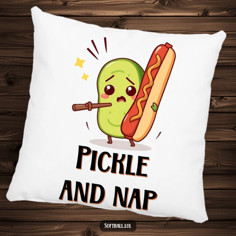 Funny decorative pillow showing a confused pickle slice comically batting a flying hot dog, a humorous and cozy item.