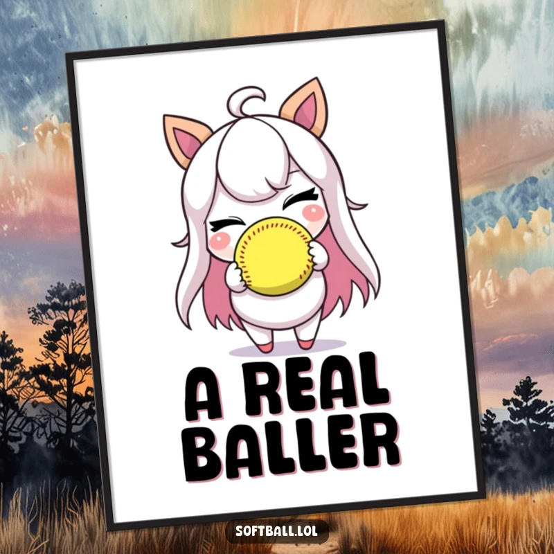 Funny digital art print of a character winking while holding a softball, offering an instant hit of humor.