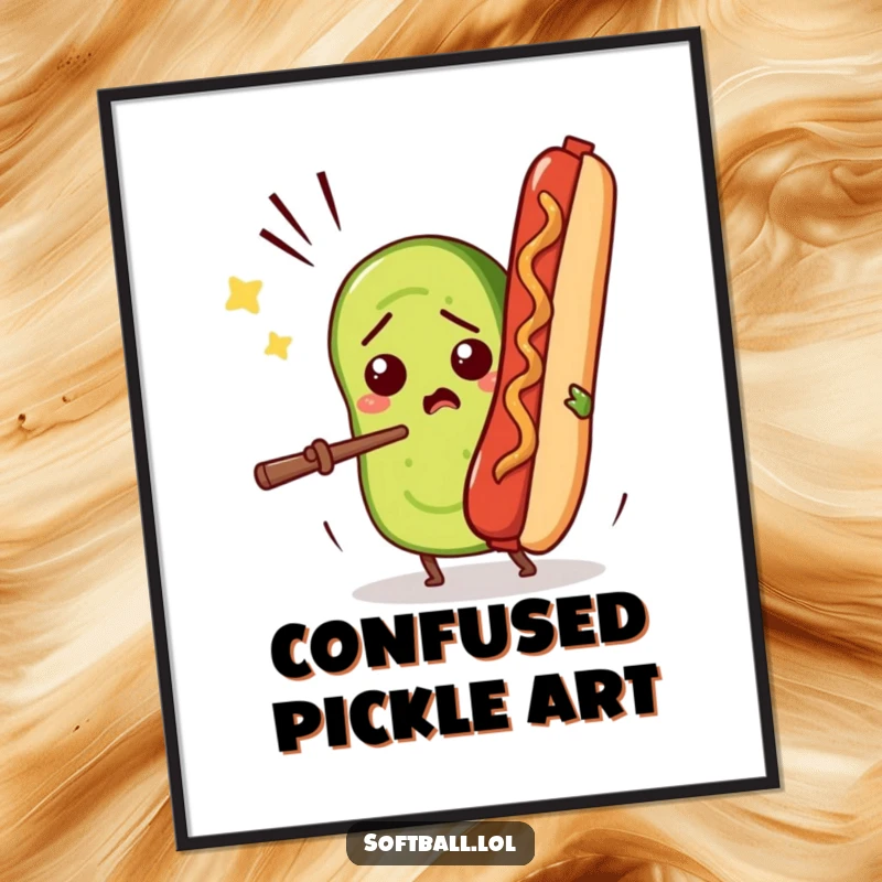 Funny digital art print of a confused pickle slice comically batting a flying hot dog, instant humorous decor for food lovers.