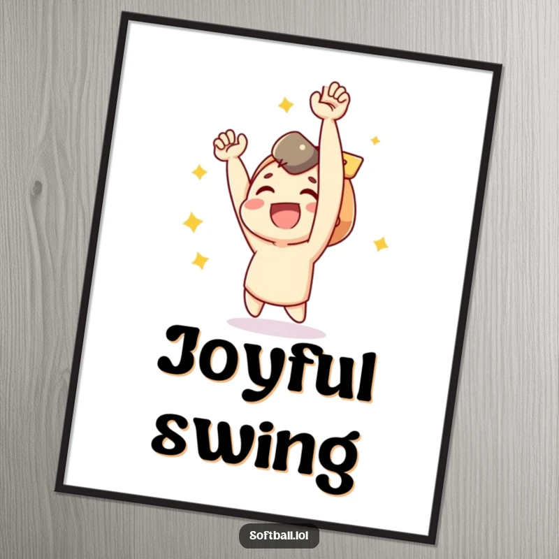 Funny digital art print of a joyful character cheering with arms up after a baseball hit.