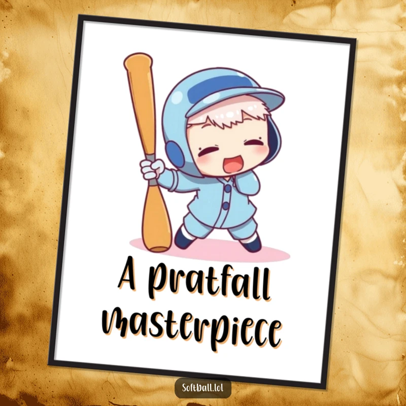Funny digital art print of a character comically tripping over a baseball bat, perfect for instant humorous wall decor.