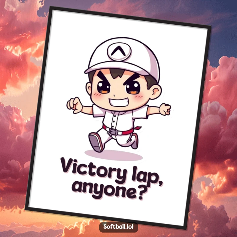 Funny digital art print of a determined character running baseball bases, offering an instant hit of humor.