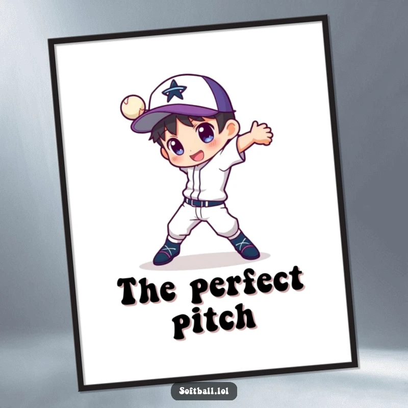 Funny digital art print of a character in a dynamic pose with a fancy pitching motion, embodying athletic power.