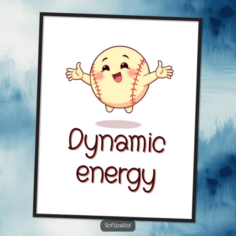 Funny digital art print of a softball striking a dynamic pose with arms outstretched. High-quality, humorous artwork for instant decor.