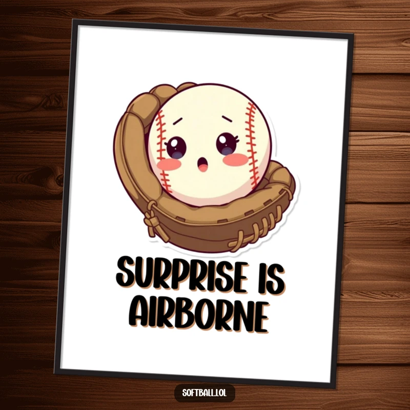 Funny Digital Art Print of a surprised softball popping out of a mitt, an instant download for humorous sports decor.