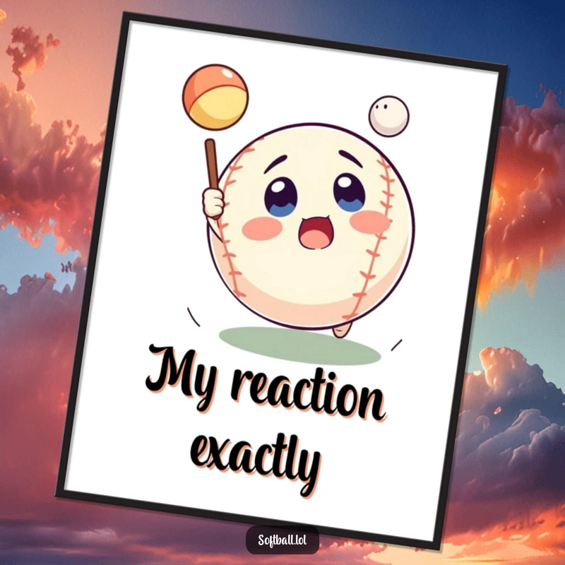 Funny surprised softball digital art print, eyes wide catching a fly ball, ready to download as a funny gift.