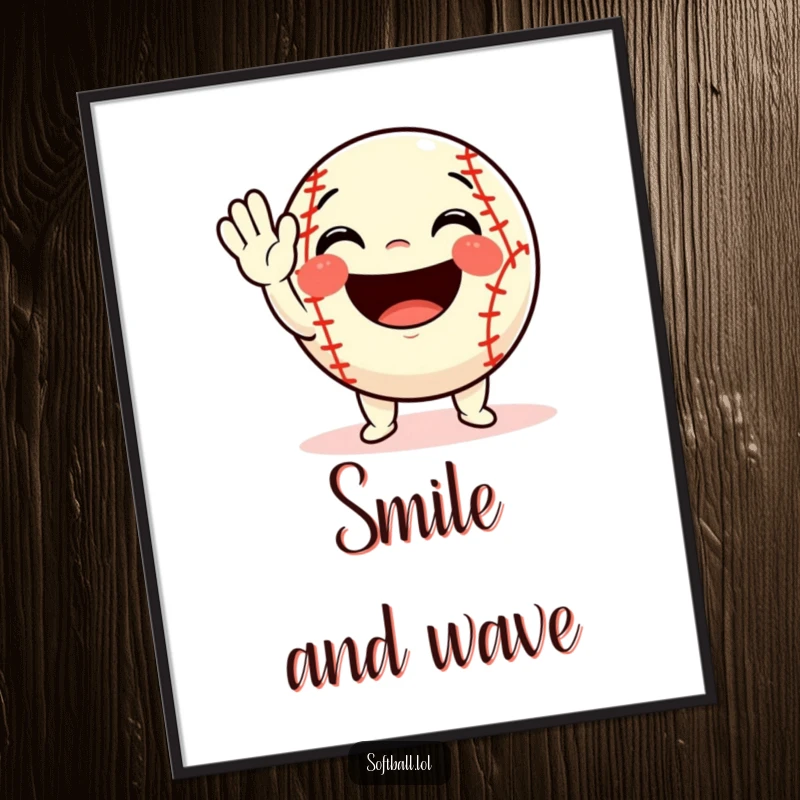 Funny softball digital art print of a character waving enthusiastically with a massive, cheerful smile, exuding happiness.