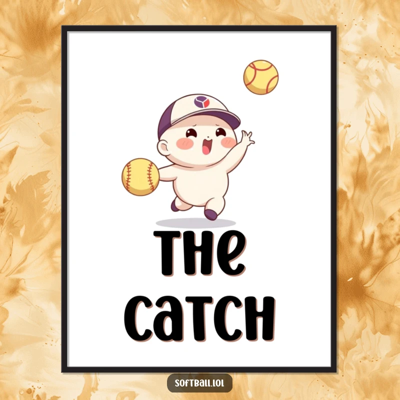 Funny softball digital art print of an agile character making an impressive catch, highlighting athleticism and humorous timing.