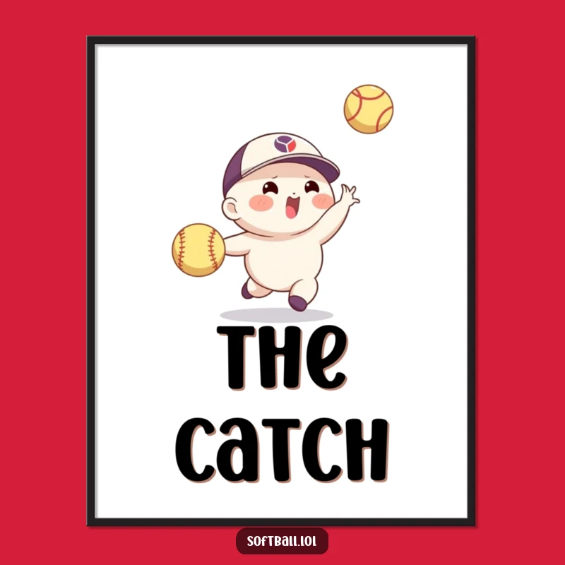 Funny Softball Catch Digital Art: Agile Character's Action, Humorous Printable, Perfect Funny Gift