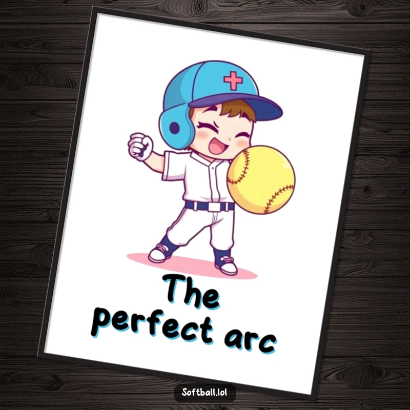 Funny softball player digital art print shows a character throwing a curveball with a wink, vibrant and humorous.