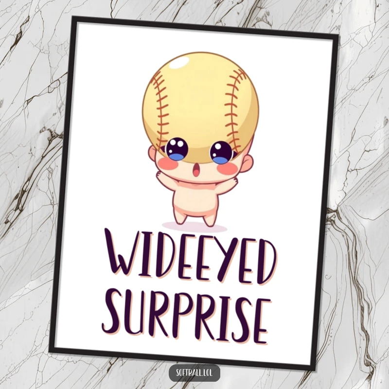 Funny digital art print of a surprised character with wide eyes as a softball flies towards them, embodying shock.
