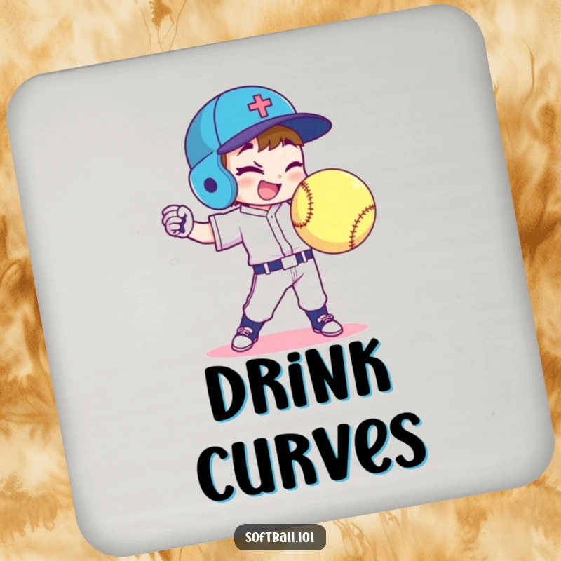 Funny softball player coaster displays a character throwing a curveball with a wink, adding humorous protection.