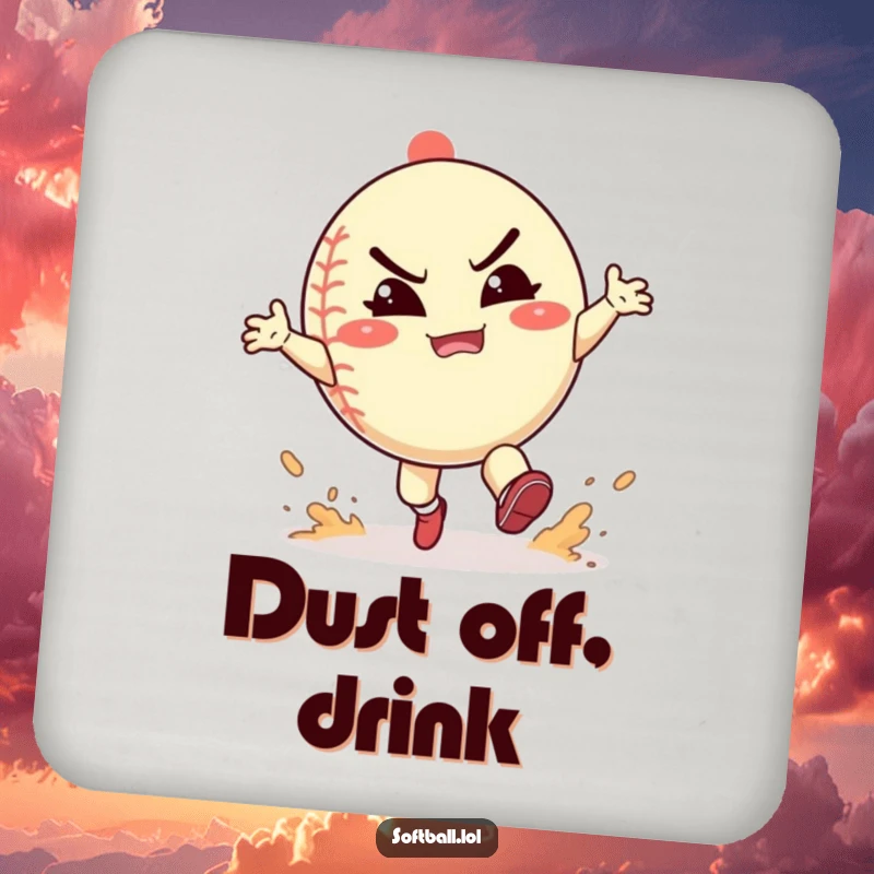 Funny softball drink coasters showcasing a character playfully kicking up dust with a happy grimace, adding a spirited touch.