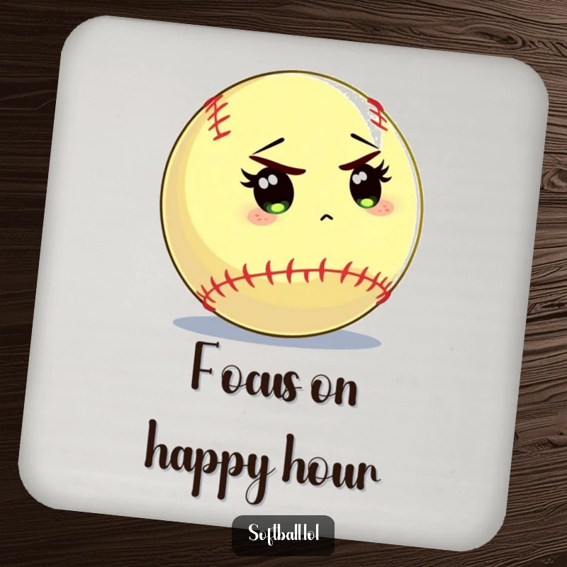 Funny softball coaster featuring a softball character intently staring at the batter, perfect for focused protection.