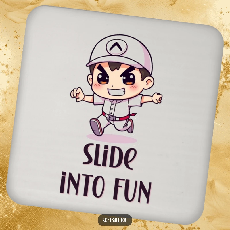 Funny drink coaster featuring a determined character running baseball bases, protecting surfaces with humor.