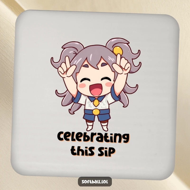 Funny drink coaster showing a character cheering enthusiastically with arms raised, protecting surfaces with celebratory art.