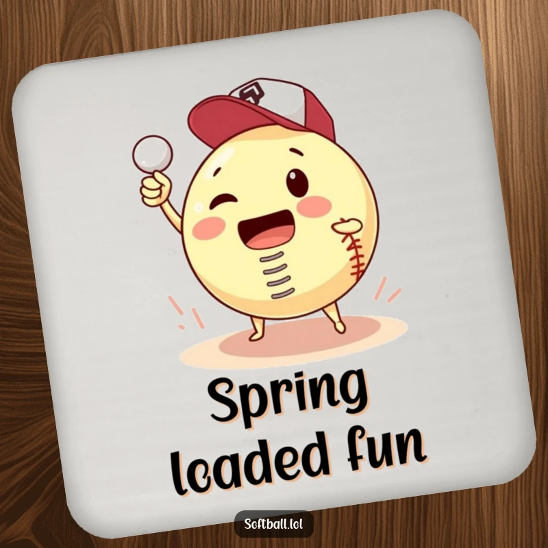 Funny drink coaster with a softball and a spring, hilariously attempting to pitch itself, a comical addition to any surface.