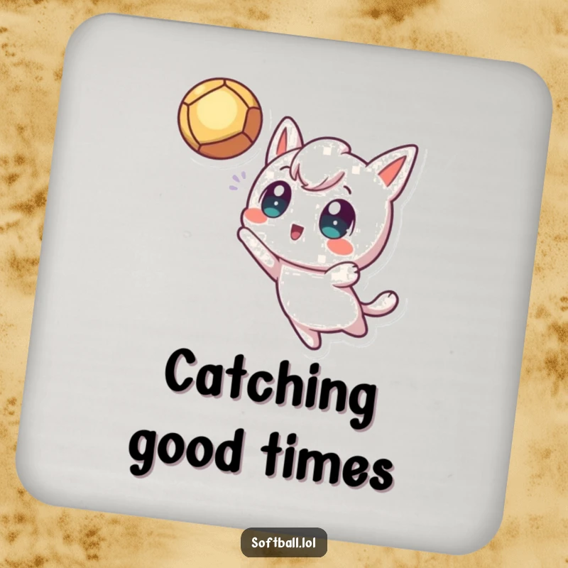 Funny Fly Ball Coaster, featuring a kawaii character with excited eyes catching a fly ball, perfect for drinks and table protection.