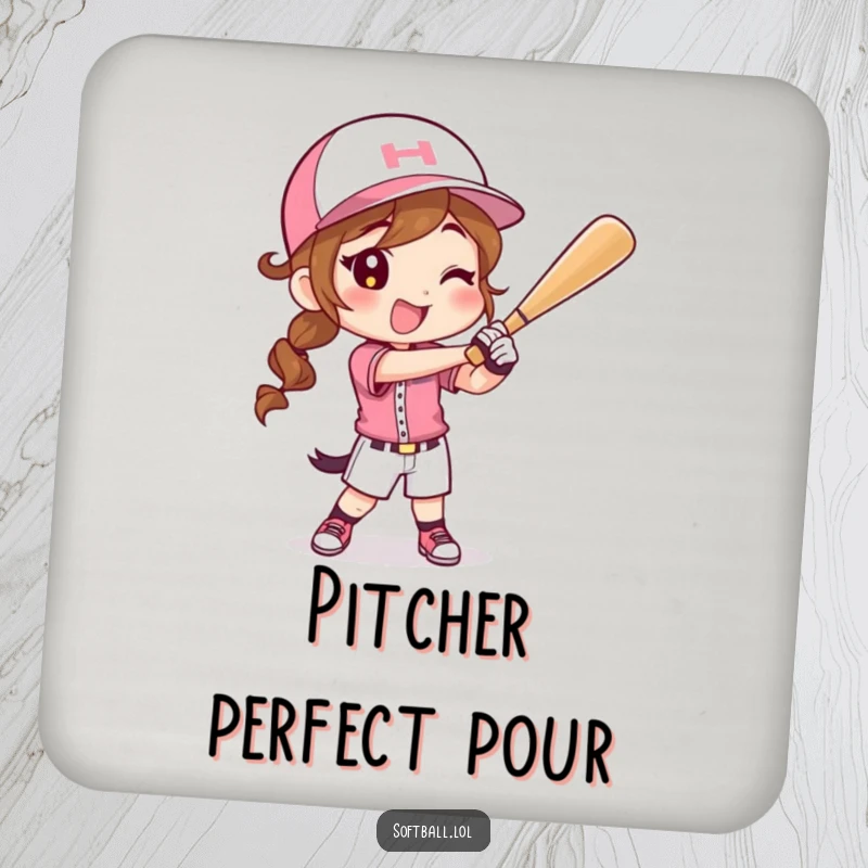Funny drink coasters featuring a happy character in a softball uniform swinging a bat, protecting surfaces with sporty flair.