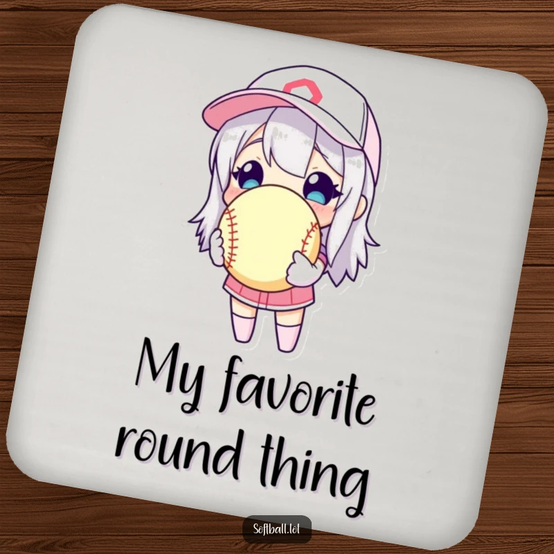 Funny character holding a softball as a prized possession on a drink coaster, offering protection with sporty humor.