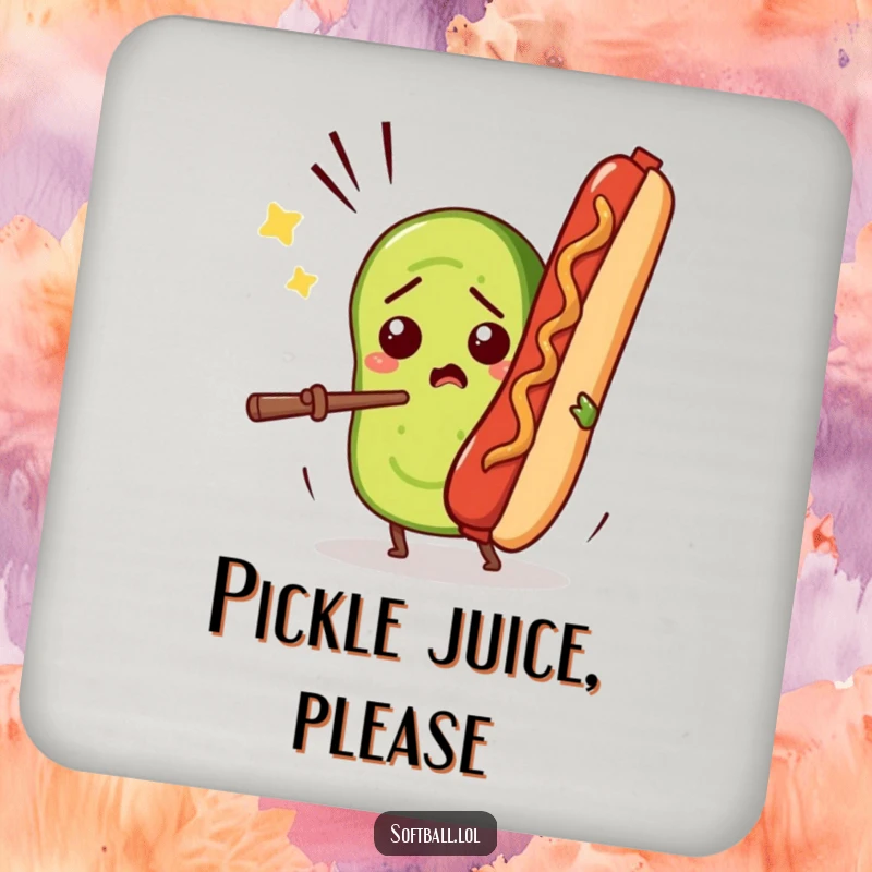 Funny drink coaster showcasing a confused pickle slice comically batting a flying hot dog, a humorous household item.