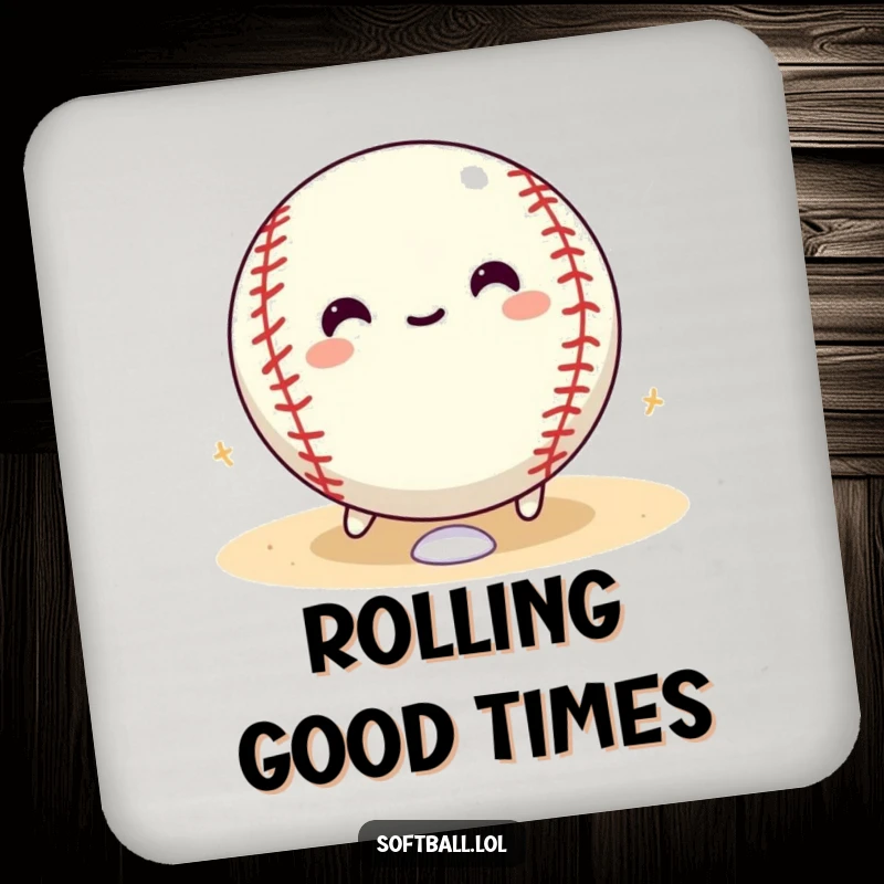Funny softball coaster featuring a happy softball character rolling with glee around the bases, adding playful charm.