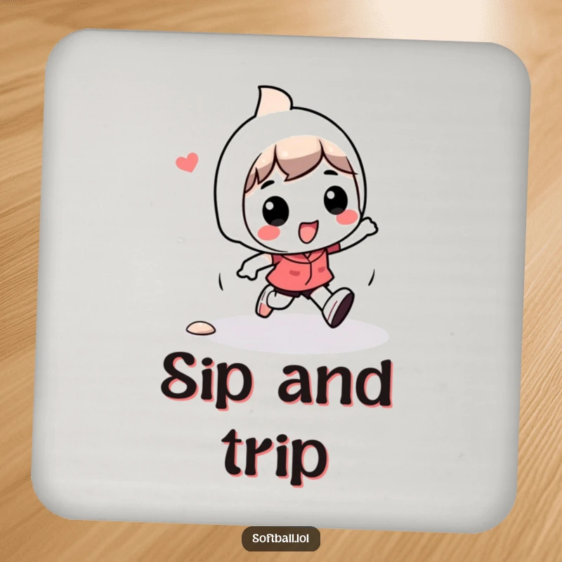 Funny kawaii character drink coaster with a character playfully tripping while running bases, a humorous and charming accessory.