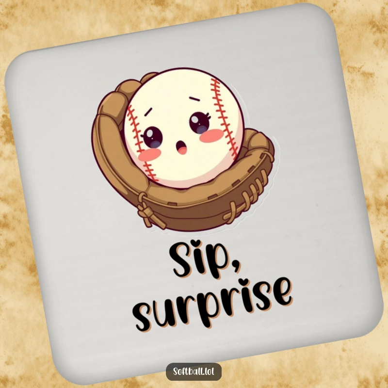Funny Drink Coaster featuring a surprised softball popping out of a mitt, adding humorous sports protection.