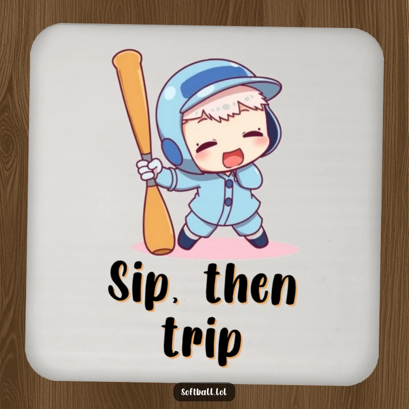 Funny drink coaster showing a character comically tripping over a baseball bat, protecting surfaces with humorous art.