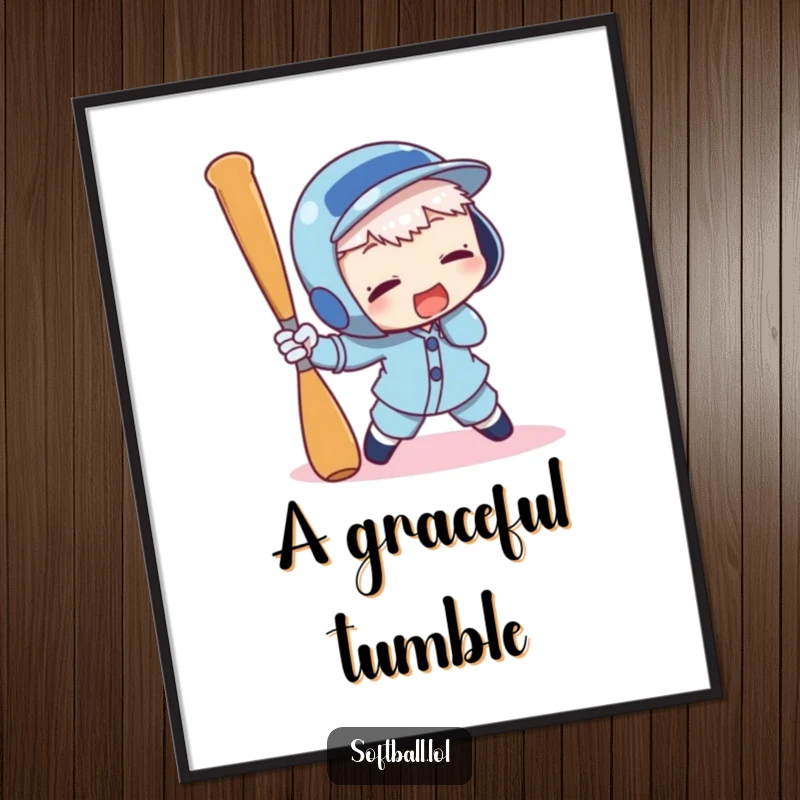 Funny poster depicting a character comically tripping over a baseball bat, a humorous illustration of a klutzy moment.