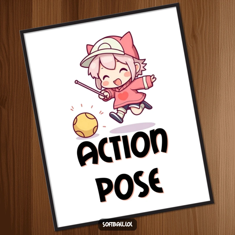 Funny poster capturing a character mid-air, executing a silly, over-the-top jump after hitting a ball.