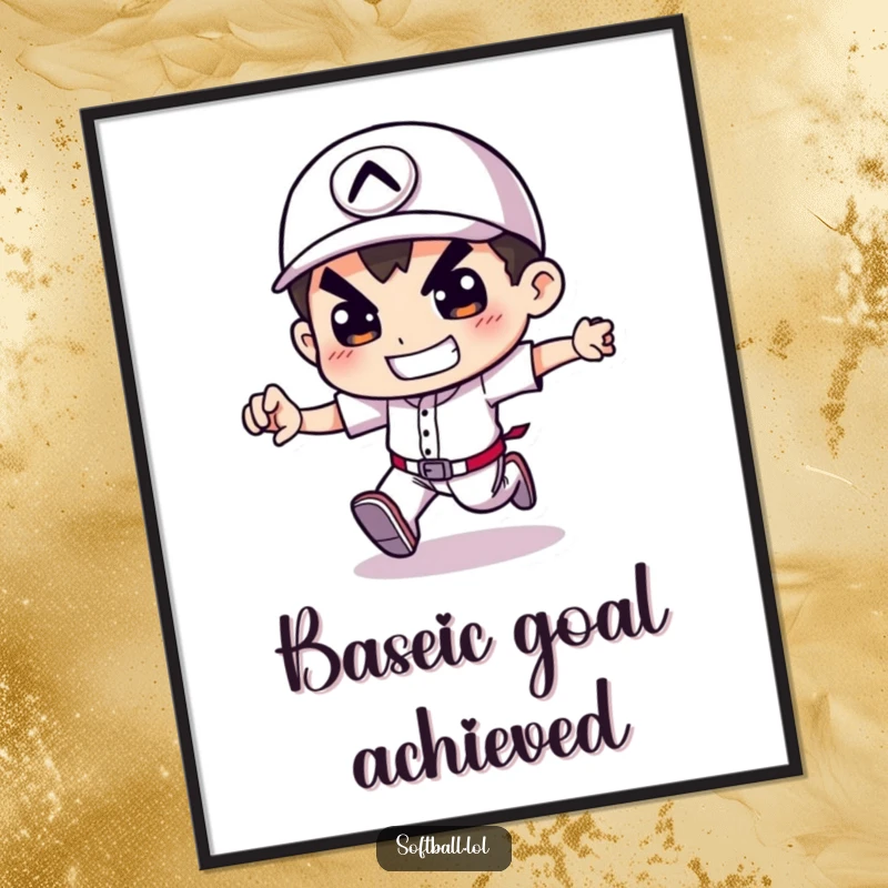 Funny poster showcasing a character with a determined grin, running the bases with sporty vigor, great for wall decor.