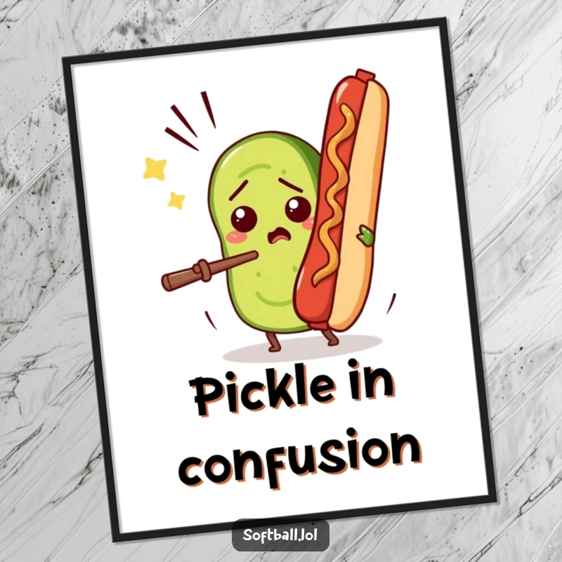 Funny poster art of a confused pickle slice comically attempting to bat a flying hot dog, humorous and quirky wall decor.