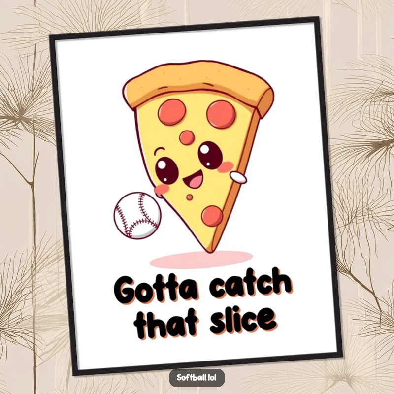 Funny giant pizza slice with googly eyes attempting to catch a baseball on a vibrant poster, perfect for fun decor.