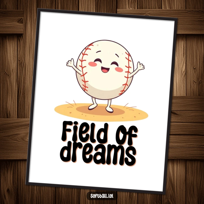 Funny softball poster captures a grinning softball character energetically dancing on a field, perfect for humorous wall art.
