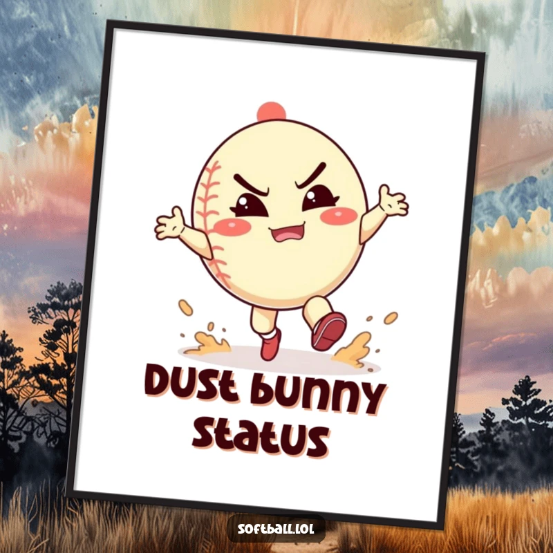 Funny softball poster featuring a character playfully kicking up dust with a look of determined enjoyment and a happy grimace.