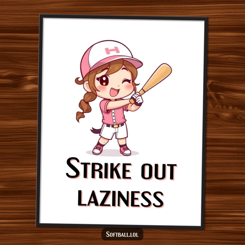 Funny poster of a happy character in a softball uniform swinging a bat with gusto, ideal for sports enthusiasts.