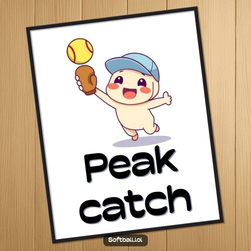 Funny poster artwork of a delighted character proudly catching a softball, celebrating sports success.