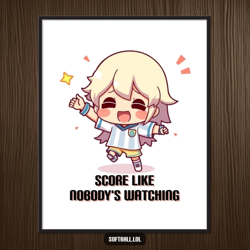 Funny poster depicting a character doing a silly dance after scoring, symbolizing celebration and playful victory.