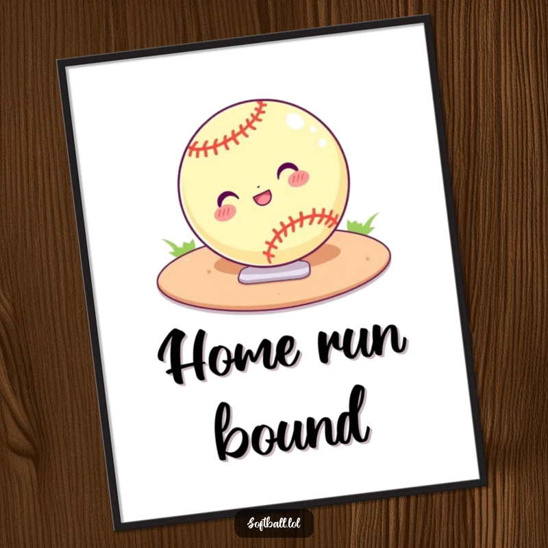 Funny poster of a cartoon softball sliding confidently into home plate. Action-packed and humorous sports decor.