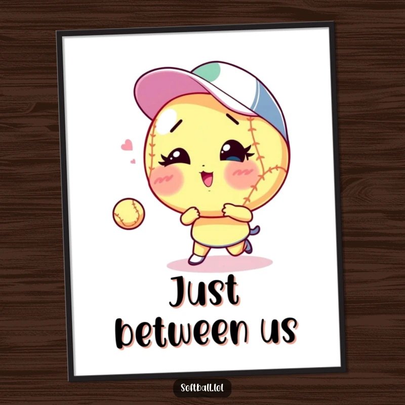 Funny winking softball poster, playing catch with a wink, perfect for wall art and a funny gift.
