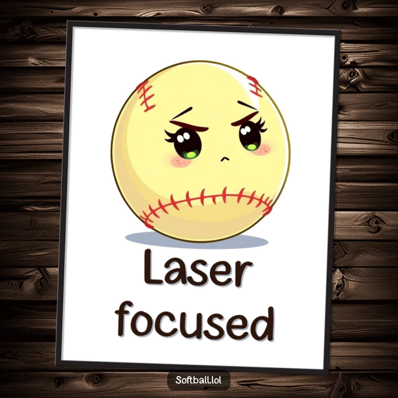 Funny softball poster depicting a softball character intently focusing on the batter, ideal wall art for sports enthusiasts.